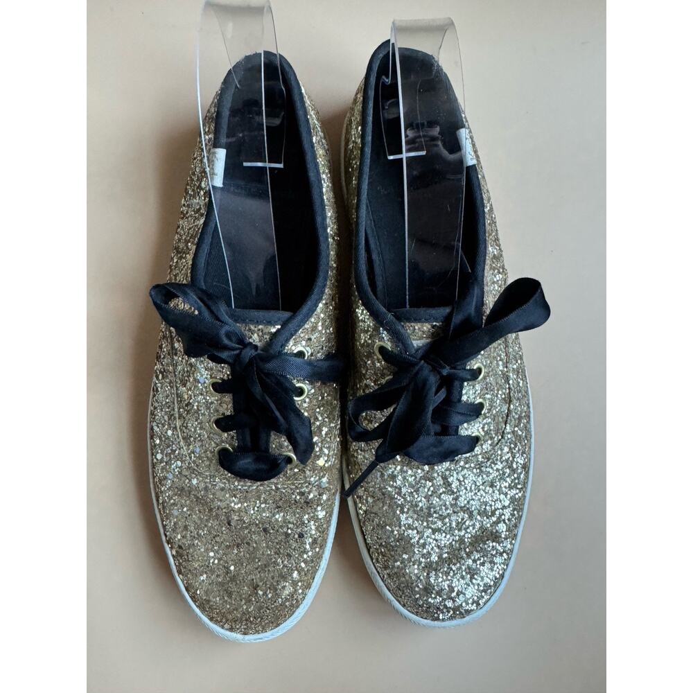 Kate Spade Keds Gold Glitter Sneaker Canvas Cushion Ribbon Lace-Up Women's US 8